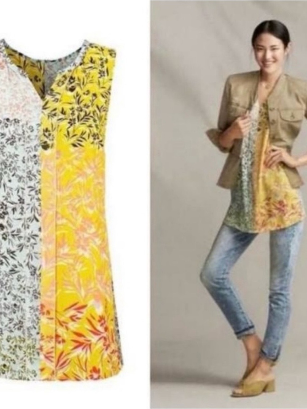 CAbi Golden Glow #5547, Floral Patchwork Tunic Top, Size S